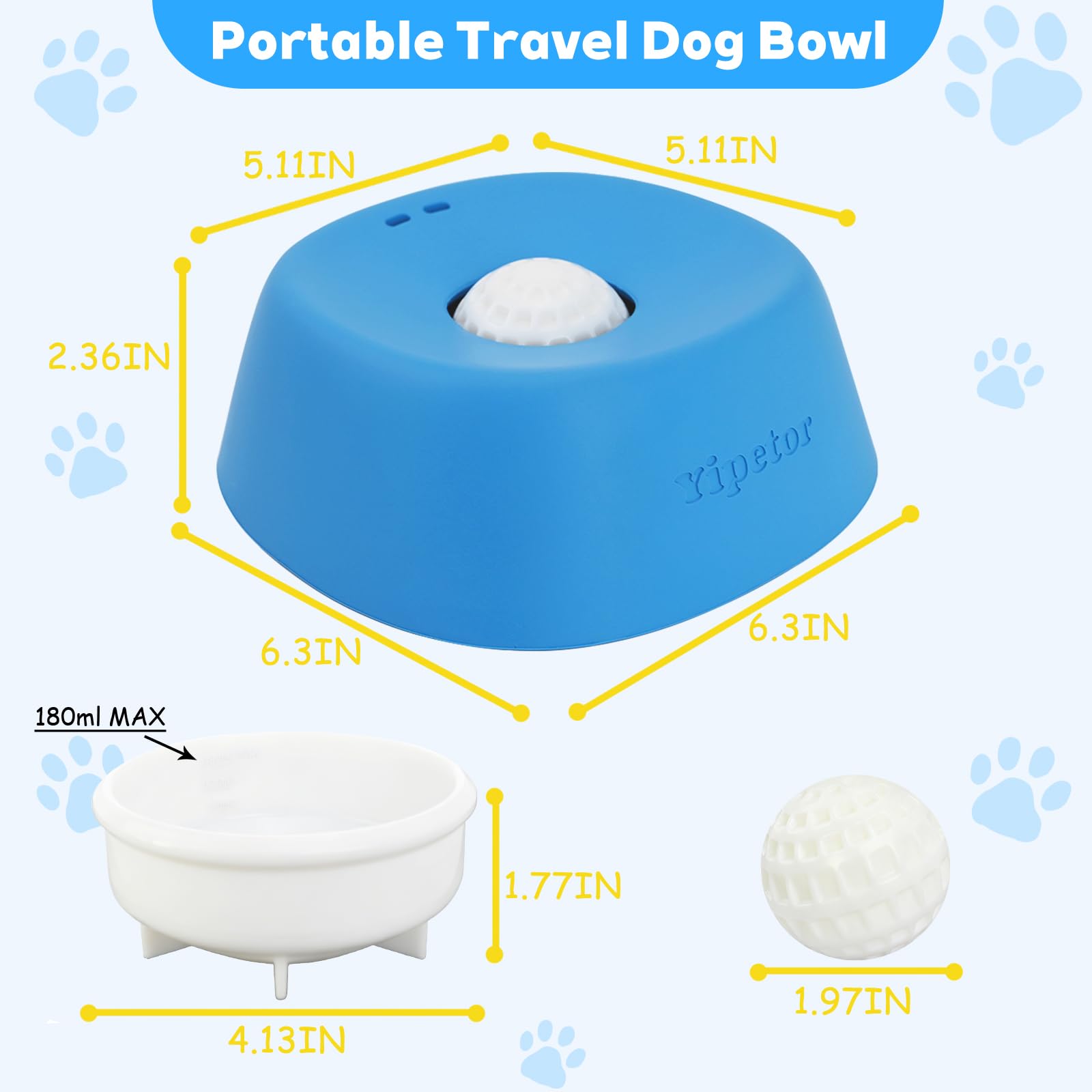 Yipetor Slow Feeder Dog Bowls for Liquid Treat, Anti-Slip【Entertained Ball-in】 Bone Broth Dog Lick Bowl, 3/4 Cup Yogurt Pup Lick Toy for Large Medium Small Breeds Dietary Supplement/Post-op Nutrition