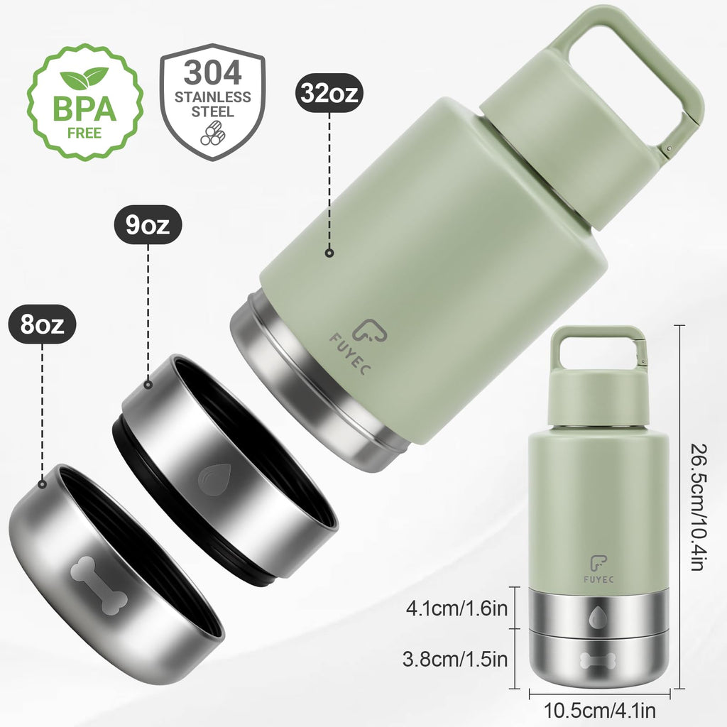 FUYEC 32oz Insulated Dog Water Bottle Dispenser, 3-in-1 Stainless Steel Travel Cup with 2 Detachable Food and Water Bowls, Leak Proof Large Pet Gear, Ideal Gift for Dog Lovers
