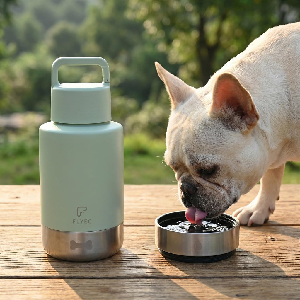 FUYEC 32oz Insulated Dog Water Bottle Dispenser, 3-in-1 Stainless Steel Travel Cup with 2 Detachable Food and Water Bowls, Leak Proof Large Pet Gear, Ideal Gift for Dog Lovers