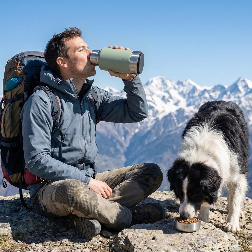 FUYEC 32oz Insulated Dog Water Bottle Dispenser, 3-in-1 Stainless Steel Travel Cup with 2 Detachable Food and Water Bowls, Leak Proof Large Pet Gear, Ideal Gift for Dog Lovers