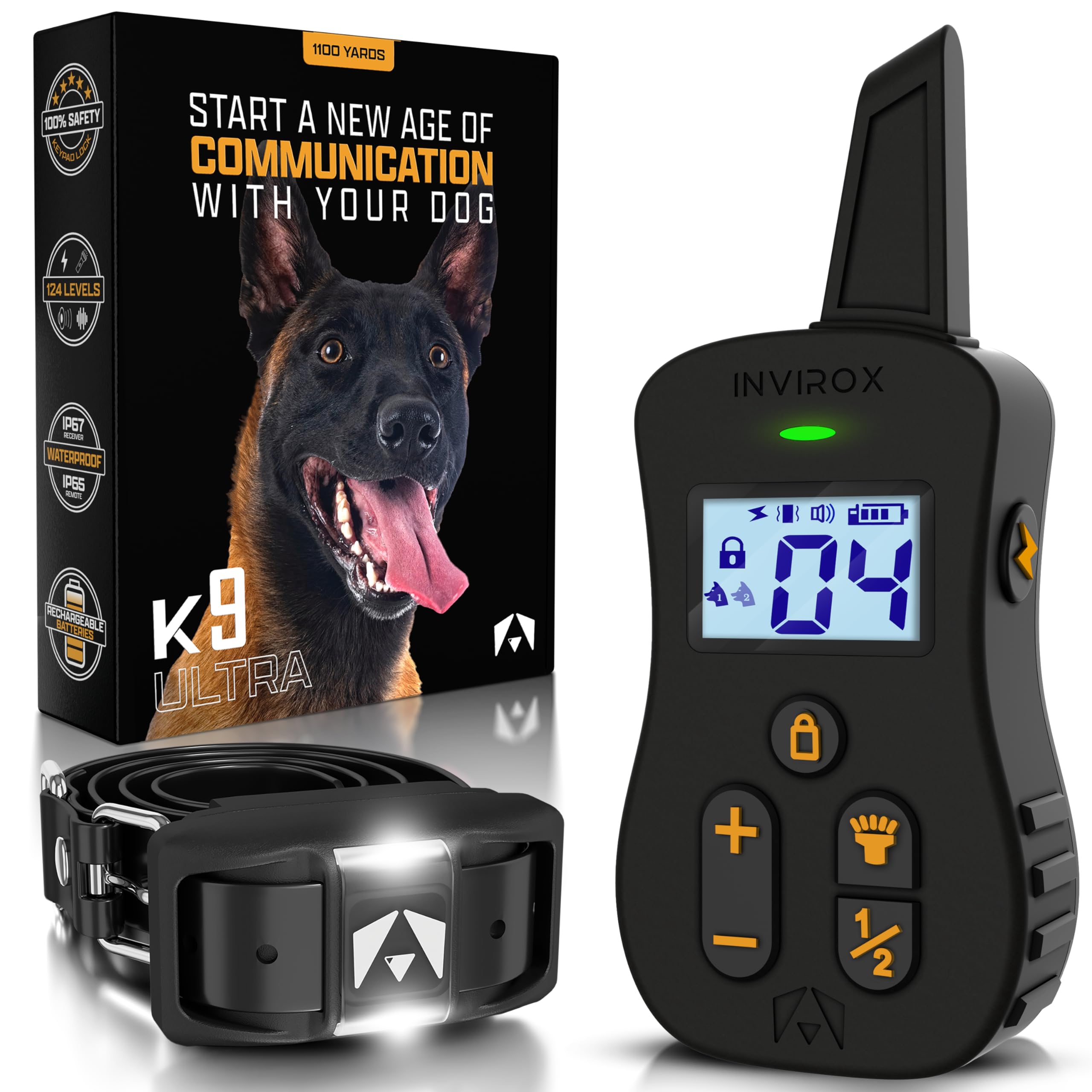 INVIROX Ultra K9 Dog Training Collar with Remote, 124 Levels for Reactive, Stubborn or Hard-to-Train Dogs, ¾ Mile Range, Night-Light Mode, Safe Communication, IP67 Waterproof E Collar for Large Dogs