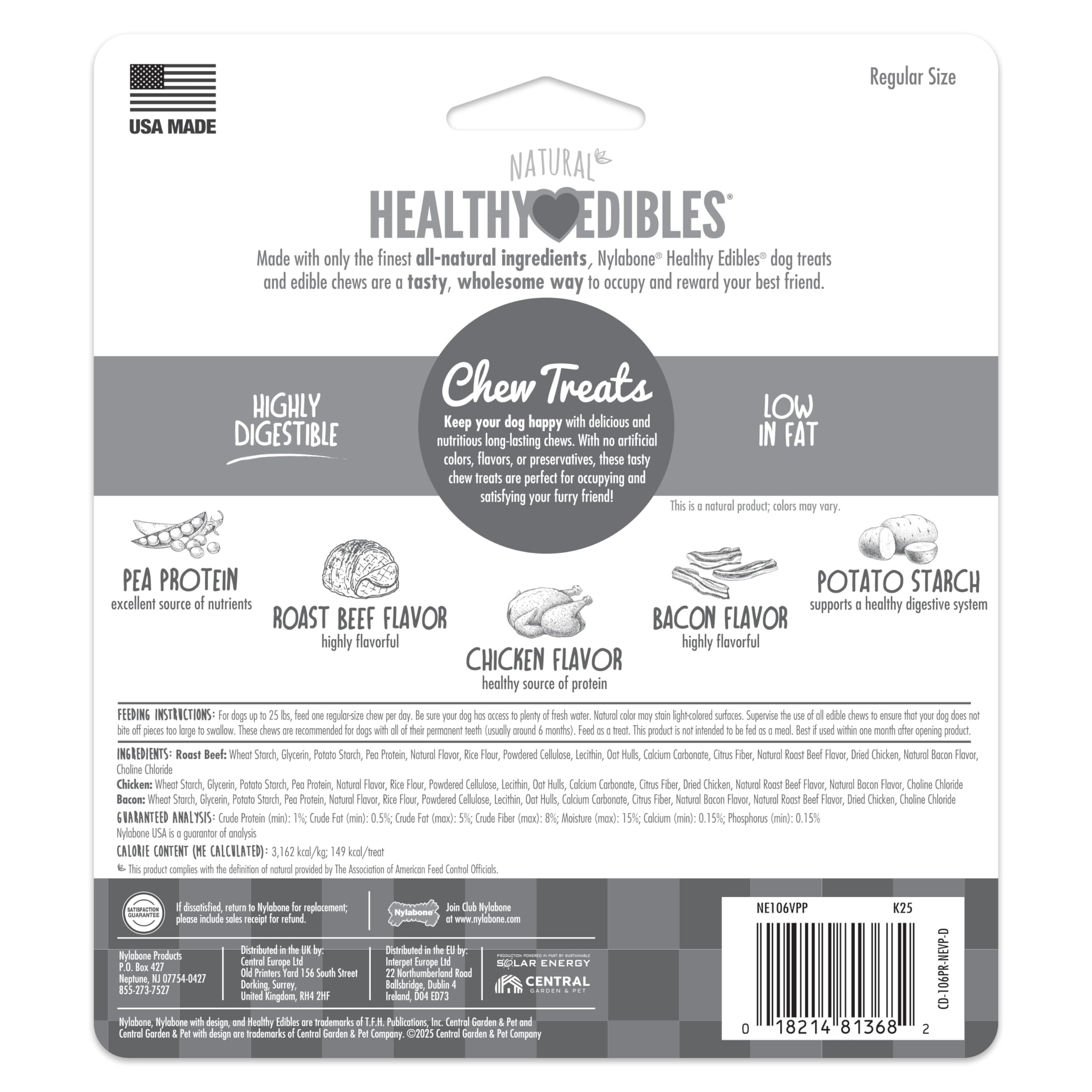 Nylabone Healthy Edibles Natural Dog Chews, Long Lasting Bones for Dogs, Roast Beef, Chicken & Bacon Flavor Dog Treats, Small (3 Count)