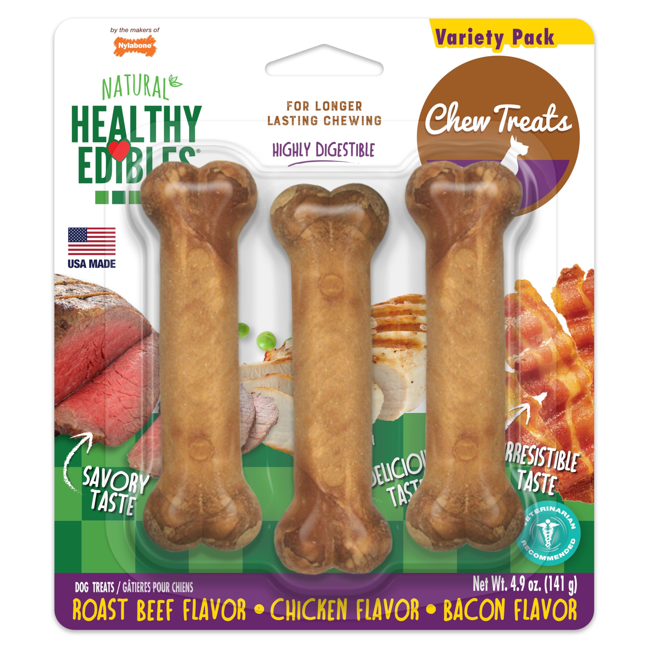 Nylabone Healthy Edibles Natural Dog Chews, Long Lasting Bones for Dogs, Roast Beef, Chicken & Bacon Flavor Dog Treats, Small (3 Count)