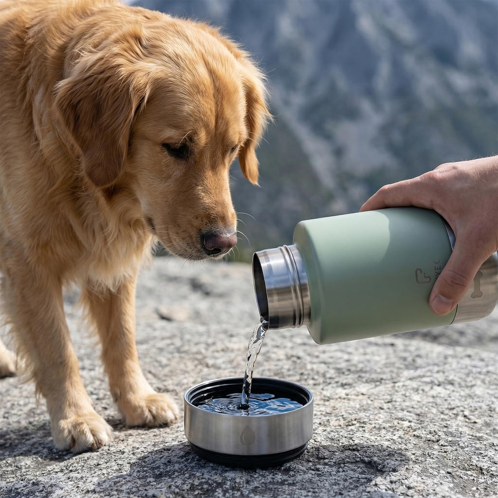 FUYEC 32oz Insulated Dog Water Bottle Dispenser, 3-in-1 Stainless Steel Travel Cup with 2 Detachable Food and Water Bowls, Leak Proof Large Pet Gear, Ideal Gift for Dog Lovers